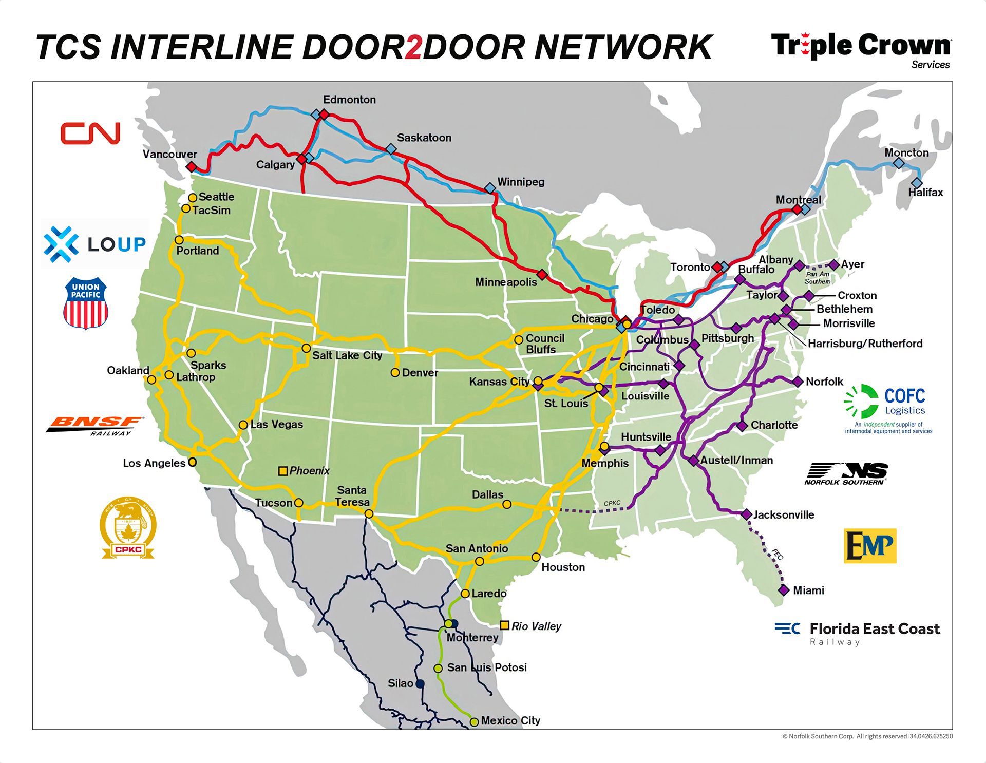 Map of TCS Interline Door2Door Network across the US with colored route lines and carrier logos