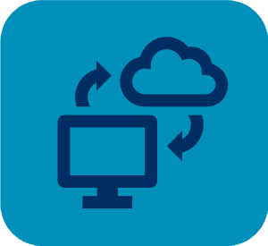 Blue icon of a computer and cloud with circular sync arrows