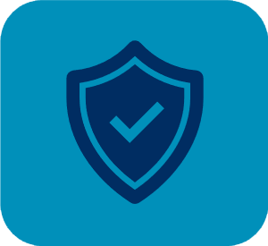 Blue shield with a checkmark icon on a teal background