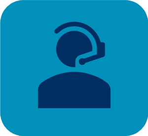 Blue headset support icon on a teal rounded-square background