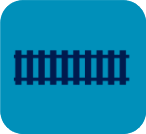 Blue rounded square with a dark blue railroad track icon in the center