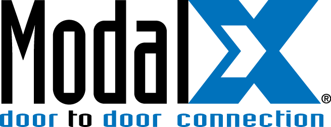 Modal logo with blue stylized X and the tagline “door to door connection”