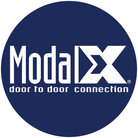 ModalX logo in white on a dark blue circle, with the tagline “door to door connection”