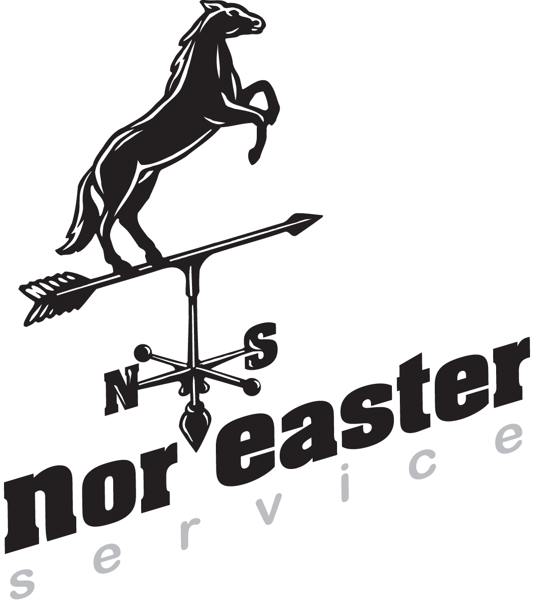 Black rearing horse weather vane above northeast service logo text