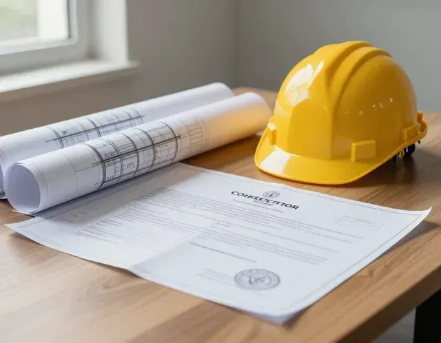 Un casco giallo è appoggiato accanto a progetti e documenti arrotolati su una scrivania vicino a una finestra.