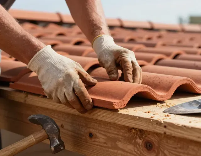 Mani guantate che installano tegole di terracotta su una struttura di tetto in legno