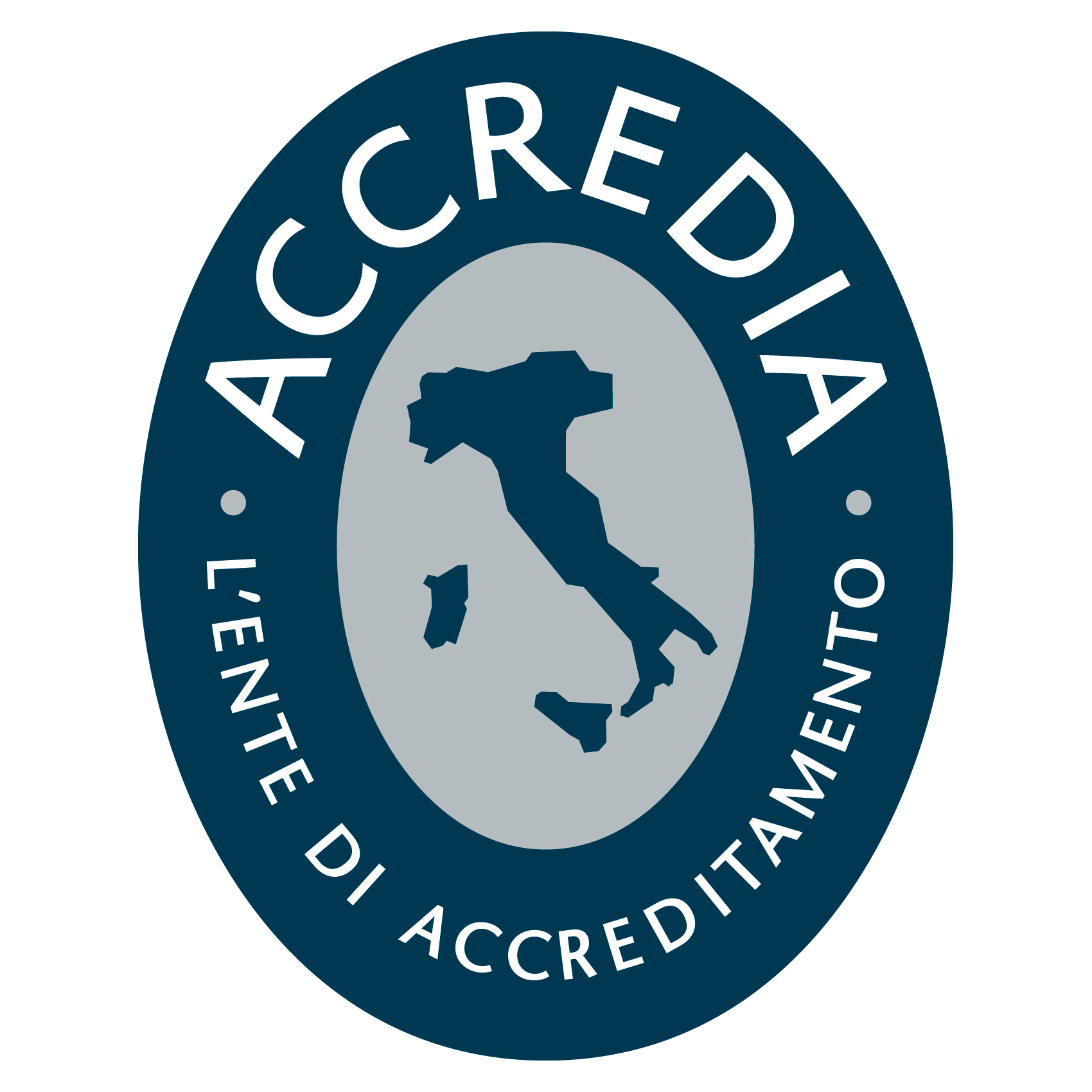 Accredia logo with Italy map and “L’ENTE DI ACCREDITAMENTO” text in blue and white
