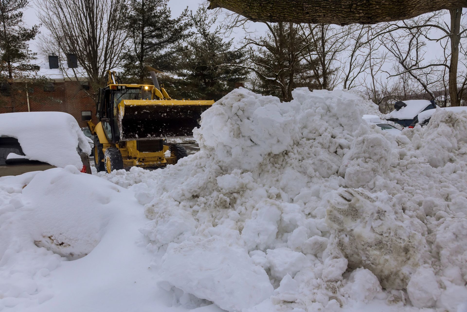 Spazzaneve giallo dietro un grande cumulo di neve in un cortile innevato con alberi e auto parcheggiate