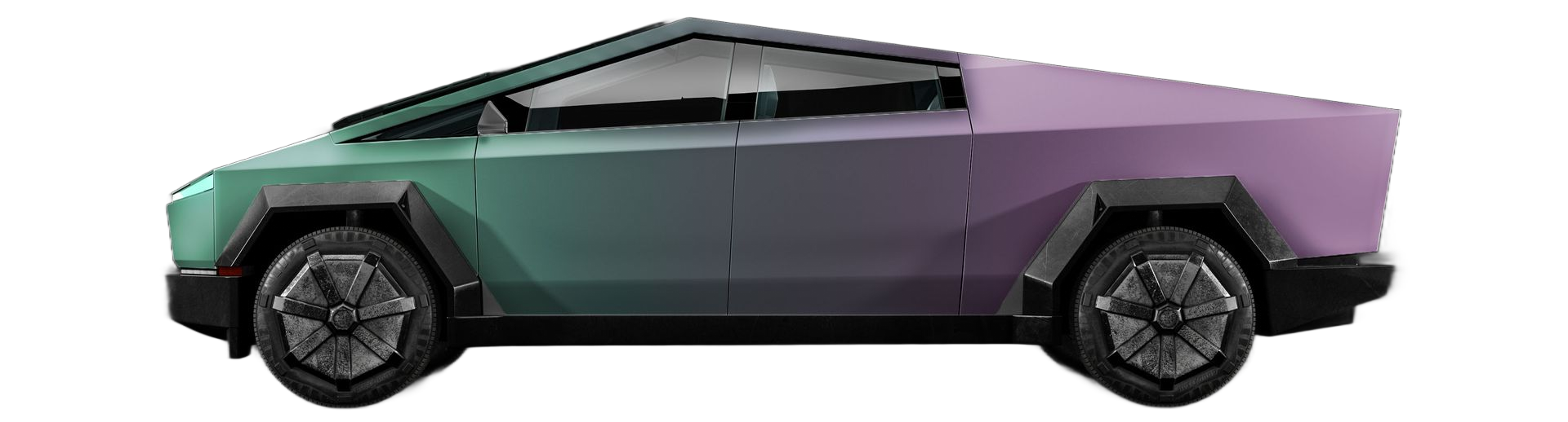 Futuristic silver-and-purple pickup truck with angular design on a white background