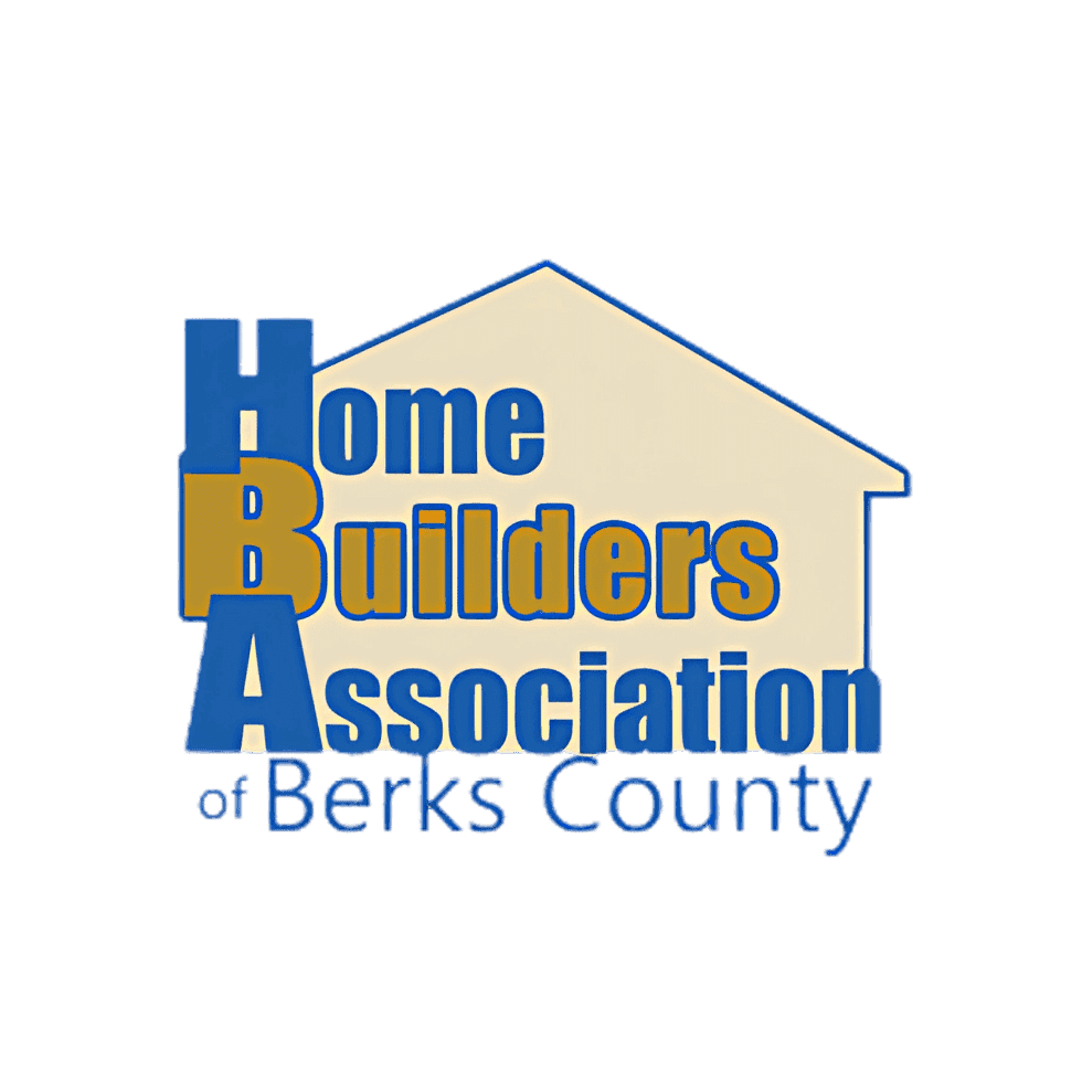 Logo for the Home Builders Association of Berks County, featuring blue and gold text inside a simple house outline.