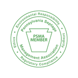 A circular green logo for the Pennsylvania Septage Management Association (PSMA) with a keystone icon in the center.