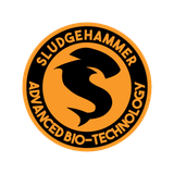 Circular logo featuring a black hammerhead shark silhouette on an orange background with the text SLUDGEHAMMER ADVANCED BIO-TECHNOLOGY.