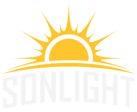 Sun with rays over the word “SONLIGHT” in yellow and gray