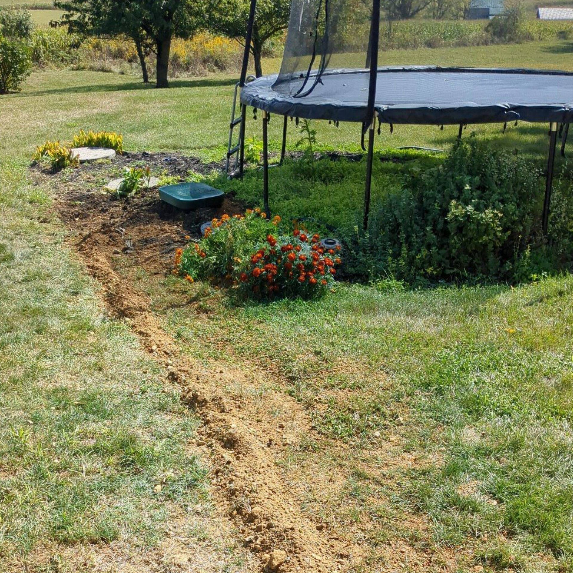 Garden path beside a trampoline, with flower beds and a small vegetable patch in a grassy yard