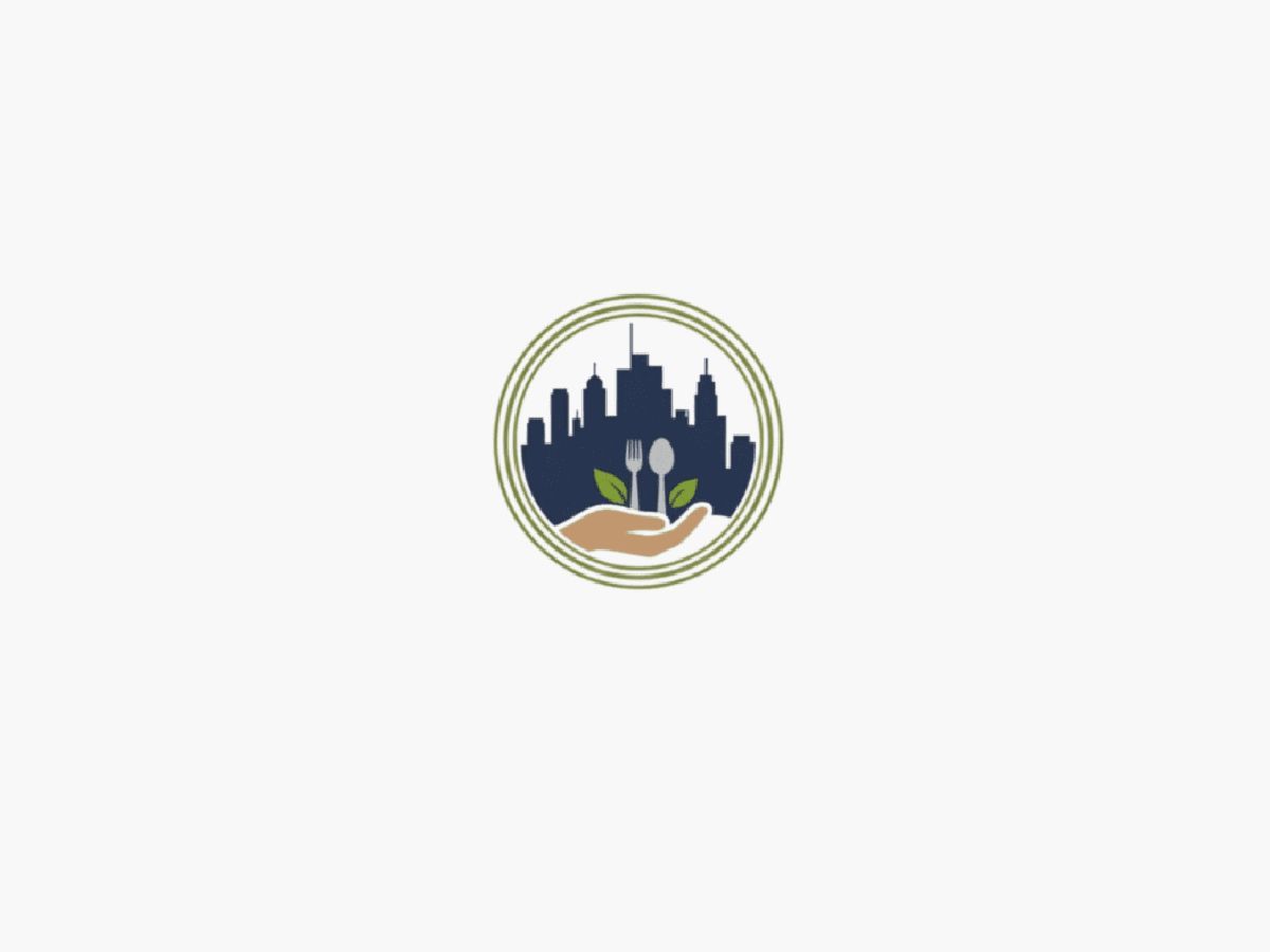 Circular city skyline logo in navy and gold with a green ring on a light background