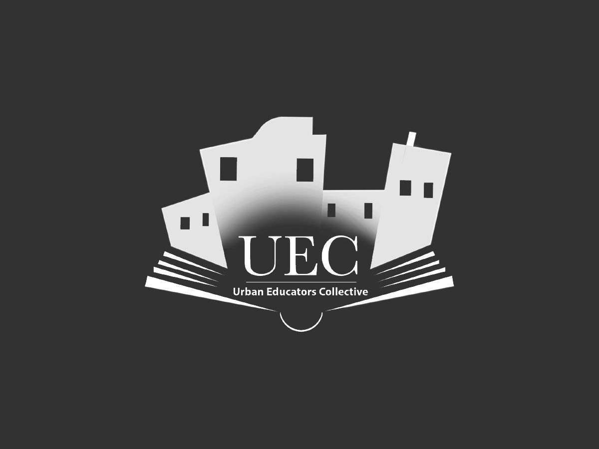 White UEC logo with stylized buildings and book on a dark gray background