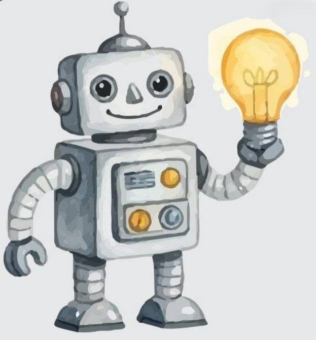 Friendly gray robot holding a glowing light bulb aloft