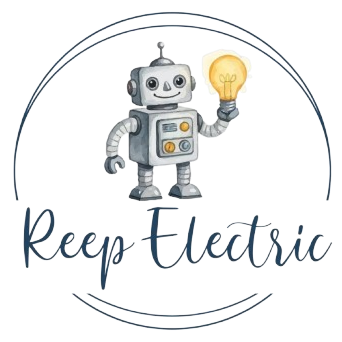 Cartoon robot holding a glowing lightbulb above the text “Keep Electric” inside a circular logo.
