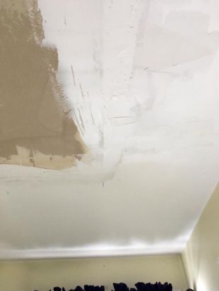 Ceiling with peeling white paint and a large tan patch near the corner