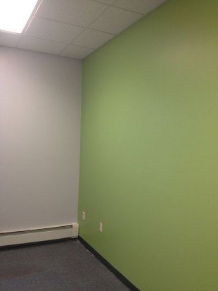 Empty office corner with green and gray walls, drop ceiling, and carpeted floor.