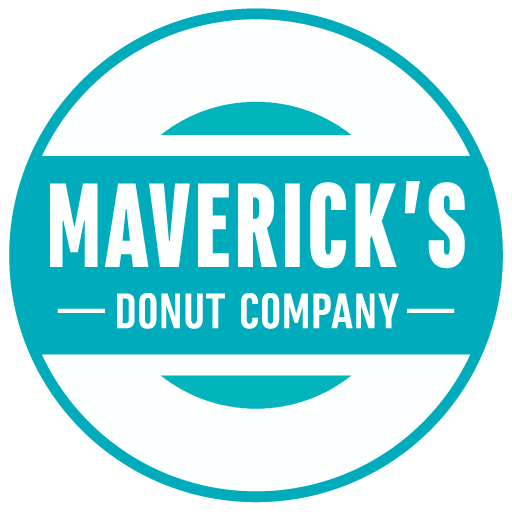 A blue and white logo for maverick 's donut company