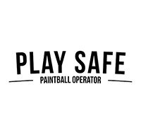 The logo for play safe paintball operator is black and white.