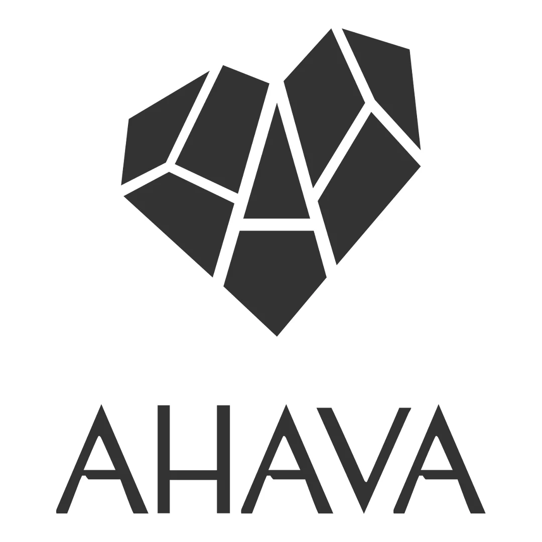 AHAVA logo with a faceted black heart above the brand name