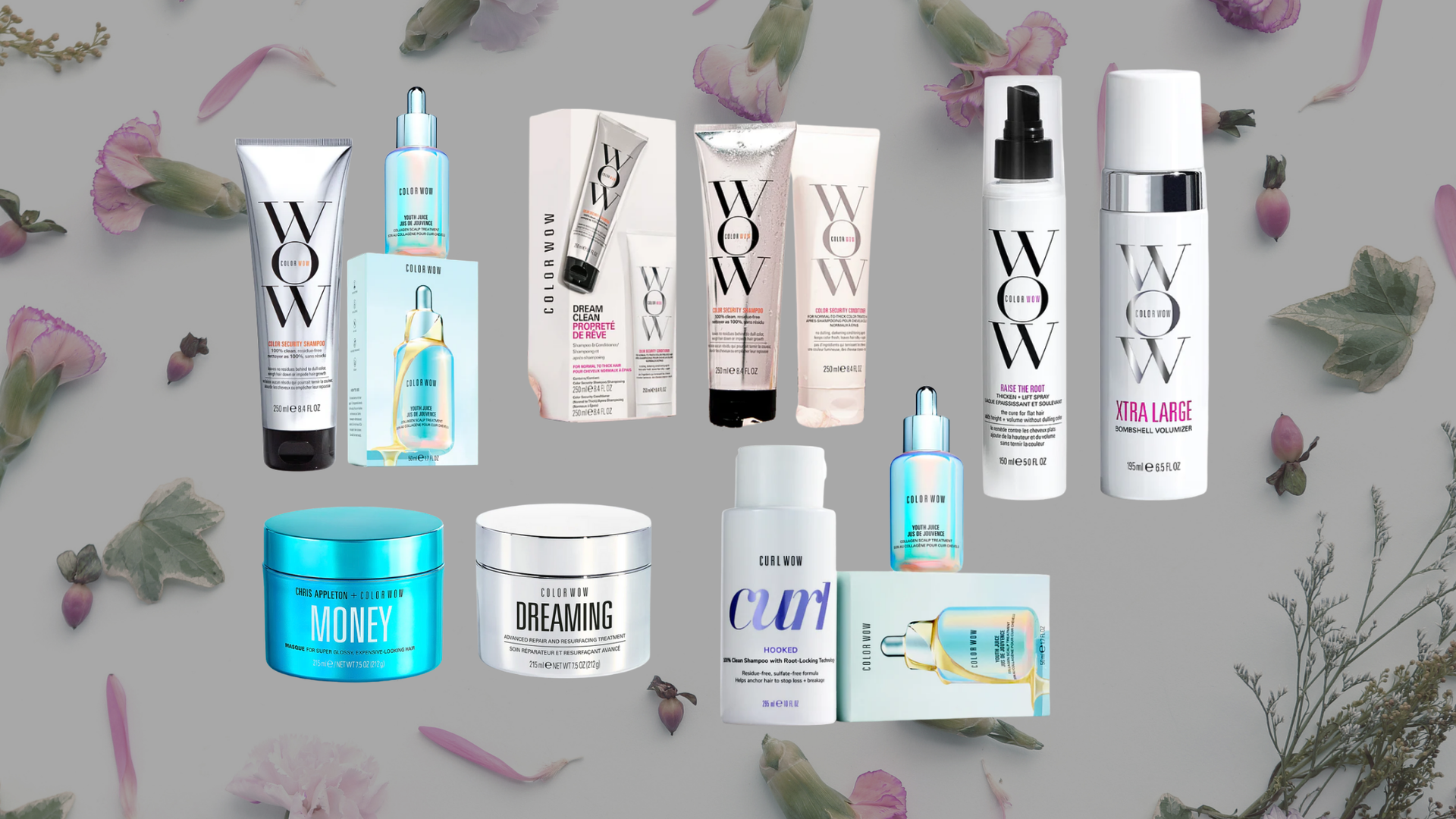 Assorted skincare products and tubes arranged on a light floral background.