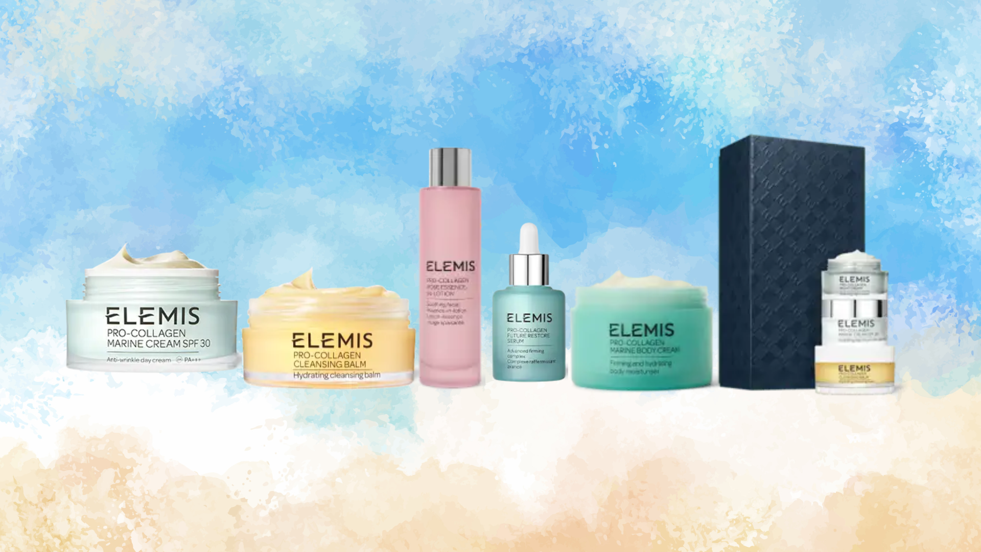 ELEMIS skincare products arranged on a blue and sandy background with a dark gift box and a perfume bottle
