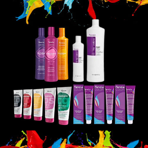 Assorted hair care products in purple, pink, orange, and white packaging on a black background with colorful splashes