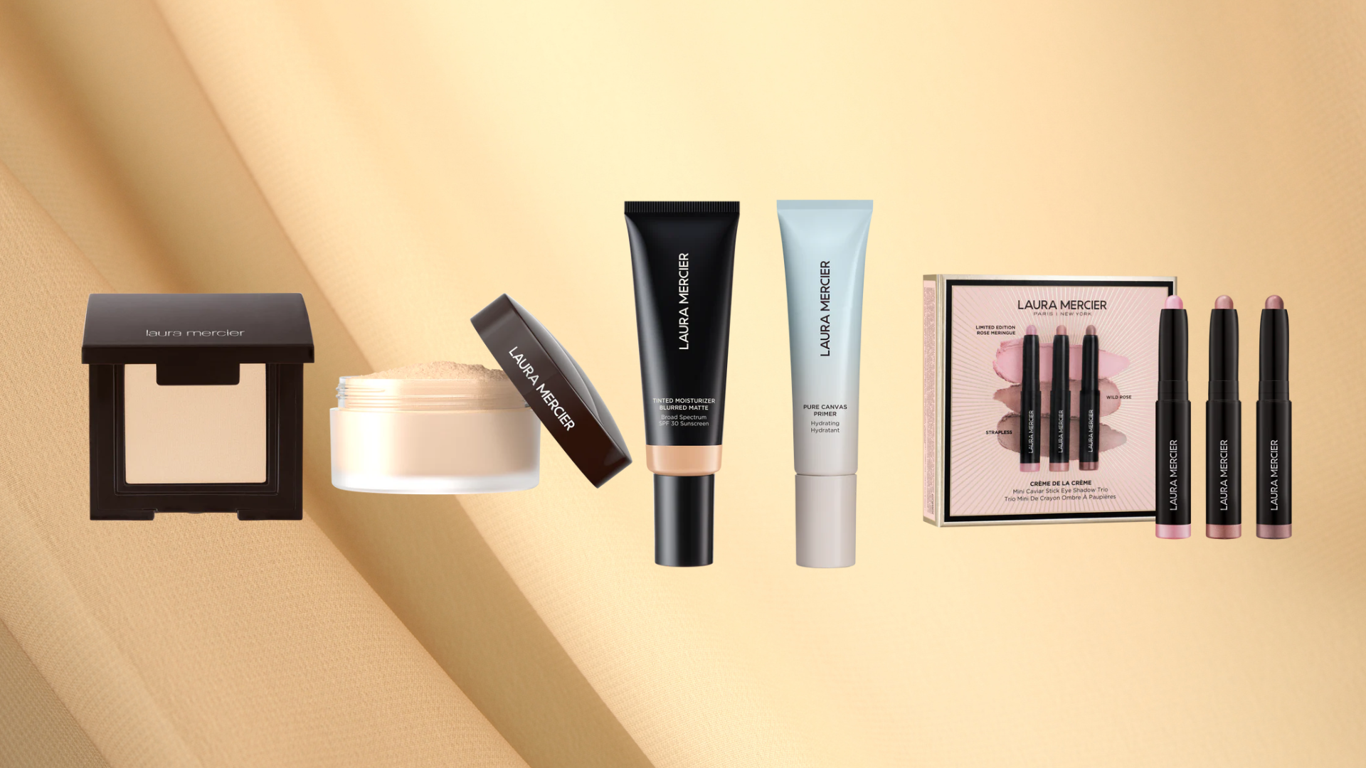 Cosmetic product lineup on a gold background, including compact, jar, tubes, and mini bottles.
