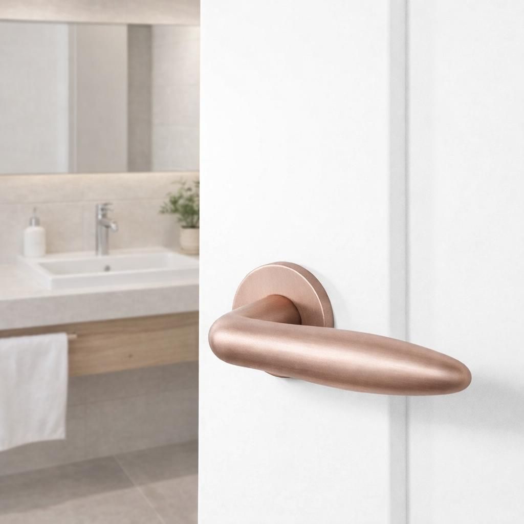 Roségouden deurklink op een witte badkamerdeur, met een moderne wastafel en spiegel zichtbaar op de achtergrond.