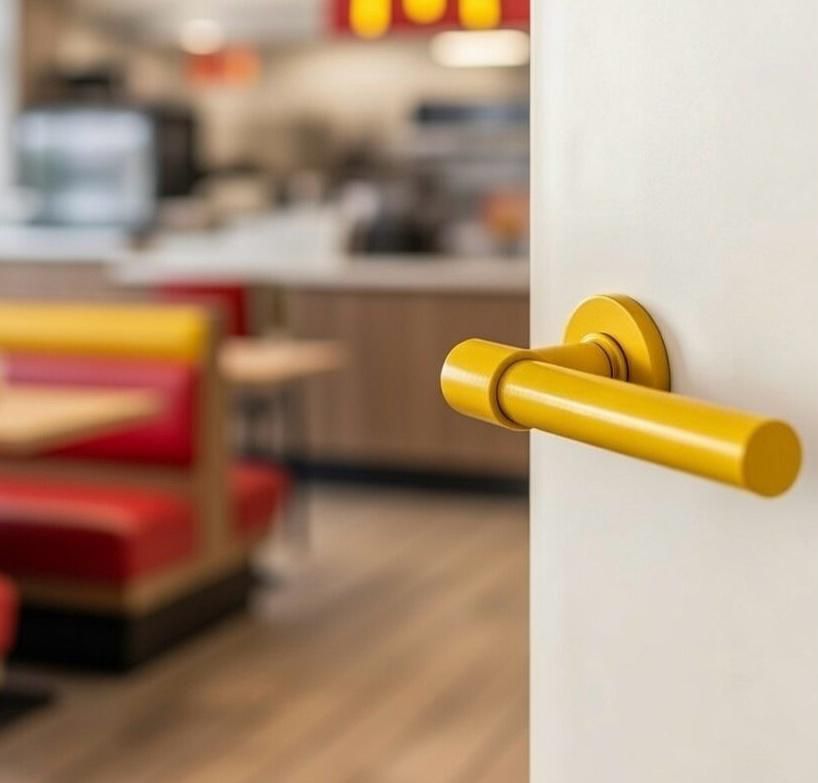 Gele deurklink op een witte deur, met een wazige restaurantbank op de achtergrond.