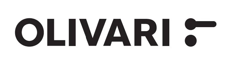 Het OLIVARI-logo in zwart met een minimalistisch stippen- en lijnsymbool op een witte achtergrond.