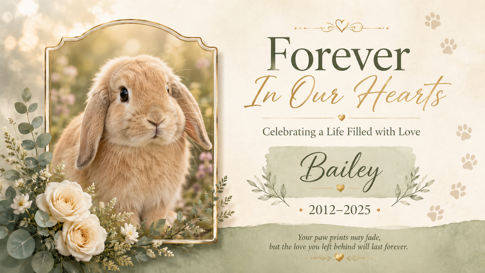Golden memorial card with a rabbit, roses, and the text “Forever In Our Hearts” and “Bailey”