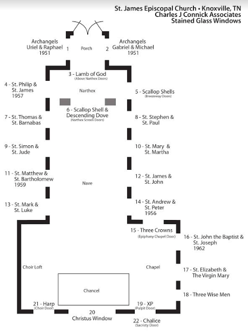 Diagram of St. James Episcopal Church in Knoxville, TN, showing stained glass window locations and names.