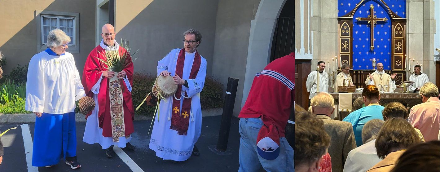 Clergy in religious attire and congregants at a church service, outdoor procession, and indoor mass.