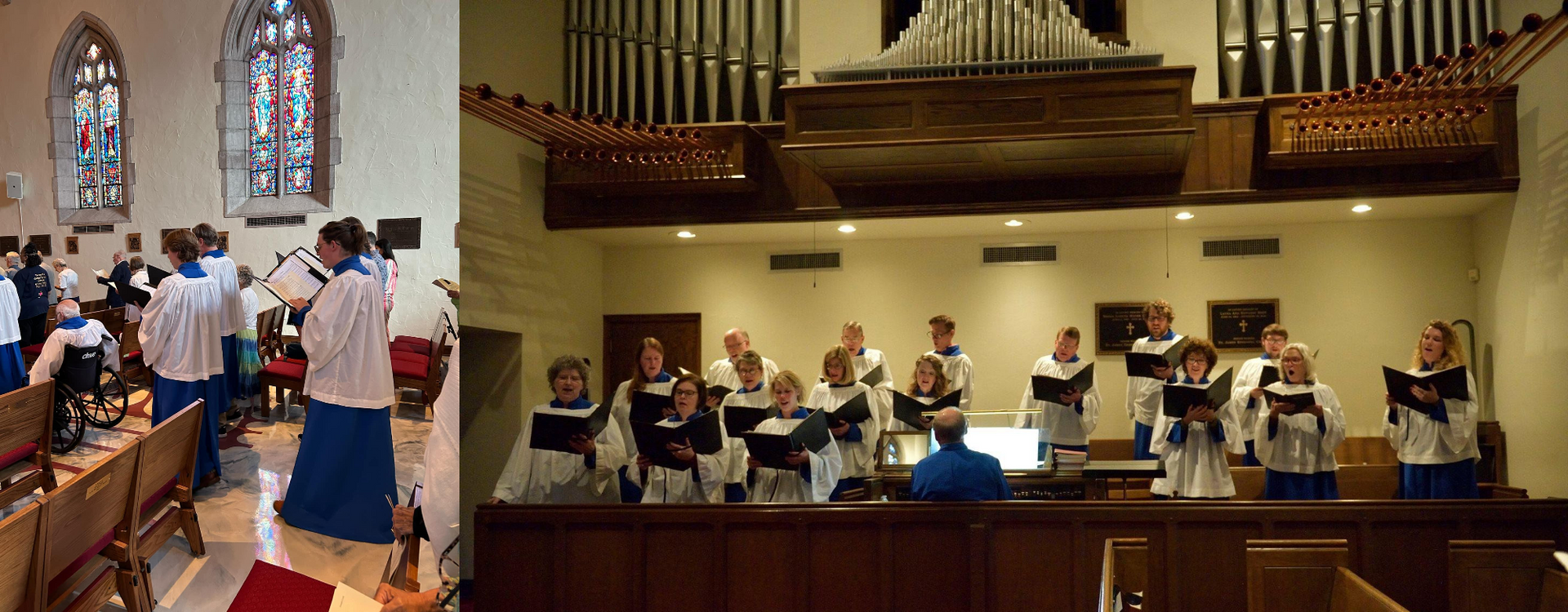 Choir singing in a church; members wear white robes and blue skirts. Ornate pipe organ visible.