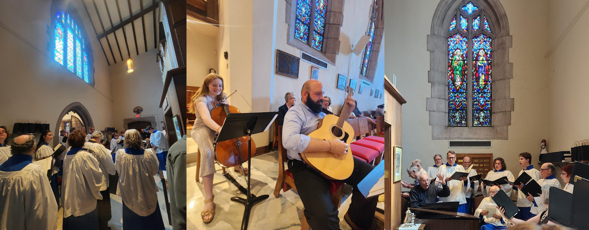 A church service with musicians and a choir; includes stained glass, people singing, and playing instruments.