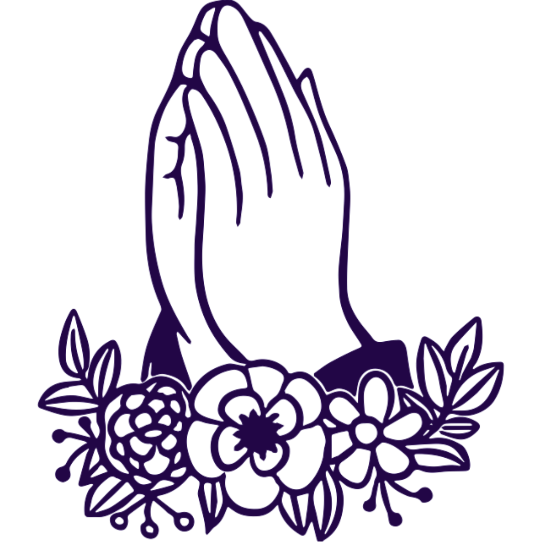 Praying hands with floral arrangement.