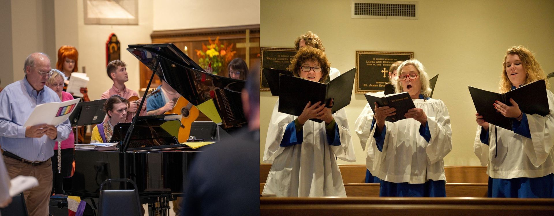 Choir singing in a church, with piano accompaniment; people are holding sheet music.