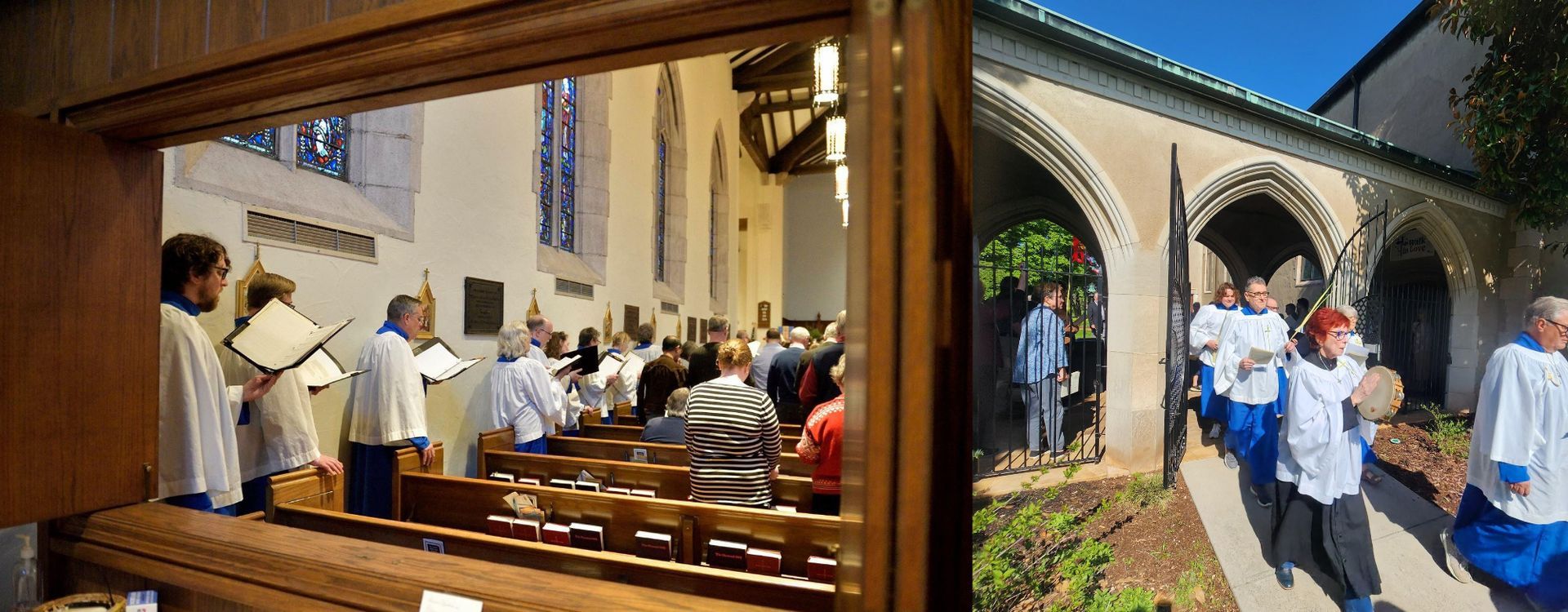 People attending a church service inside and outside, in a stone building.