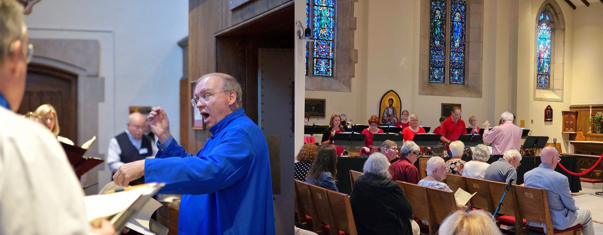 A choir conductor in blue robe leads a choir. Audience sits in pews in a church.
