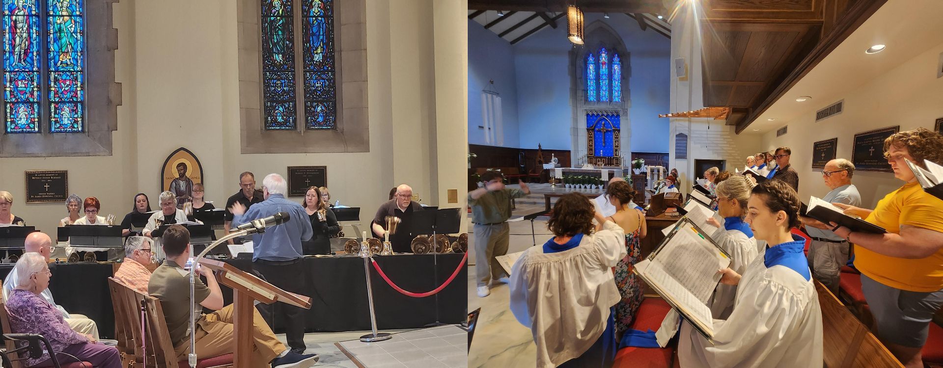 Two church interiors: an orchestra rehearses on left, a choir sings on right. Both spaces have stained glass.