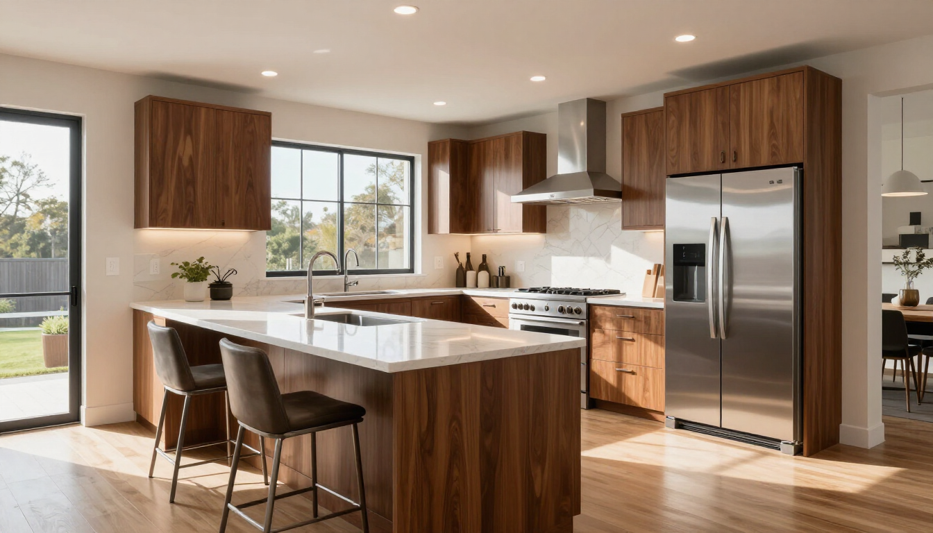 A stunning modern kitchen remodel with white cabinets and a large island.