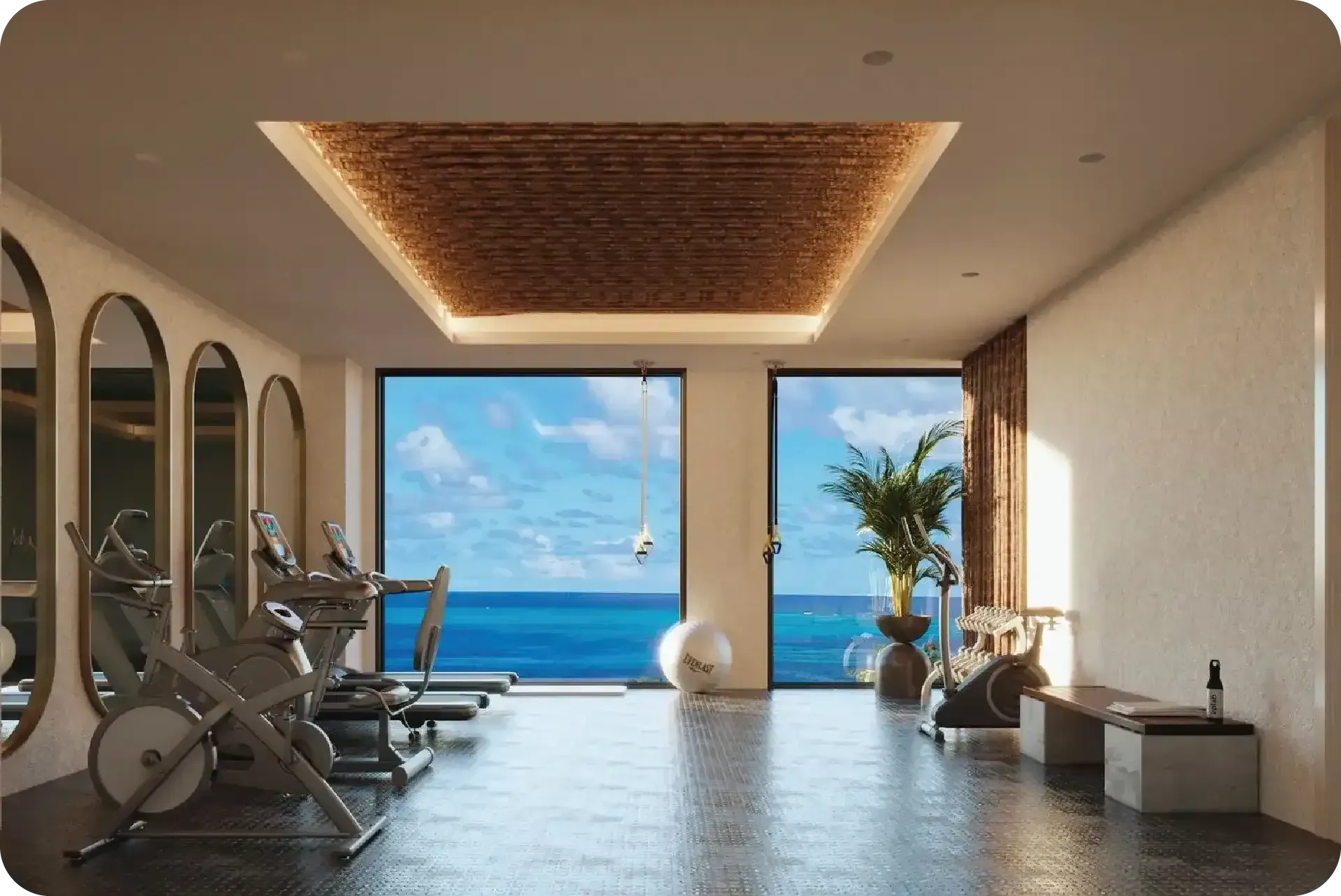 Gimnasio con vista al Caribe, hospedaje san andres con espacio fitness frente al mar.