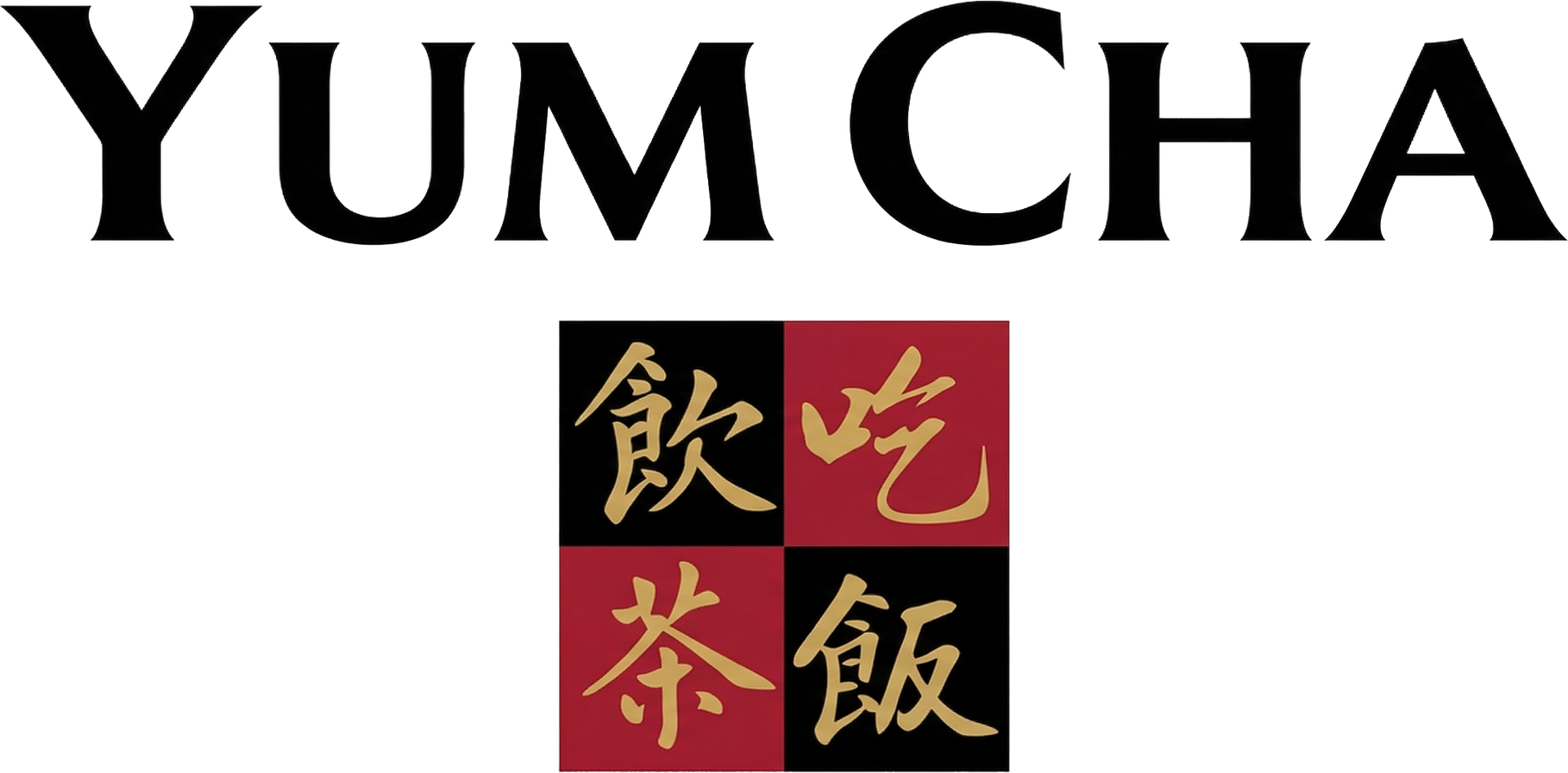 The words "YUM CHA" above a square logo featuring four quadrants of Chinese characters in black, red, and gold.