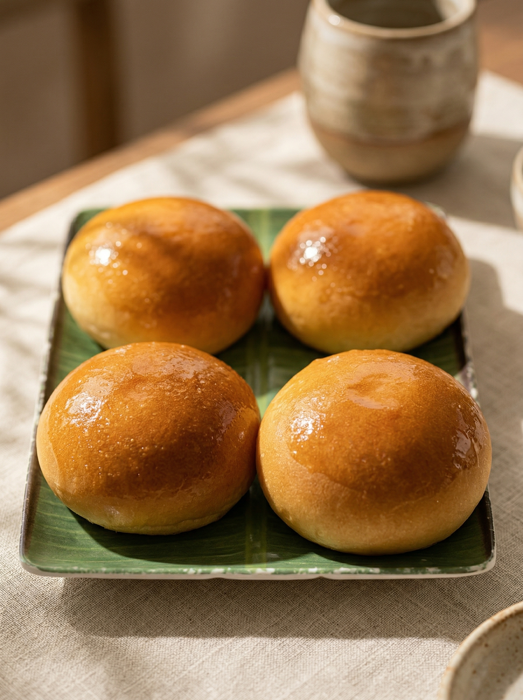 Four golden-brown buns arranged on a rectangular green plate on a textured, light-colored surface.