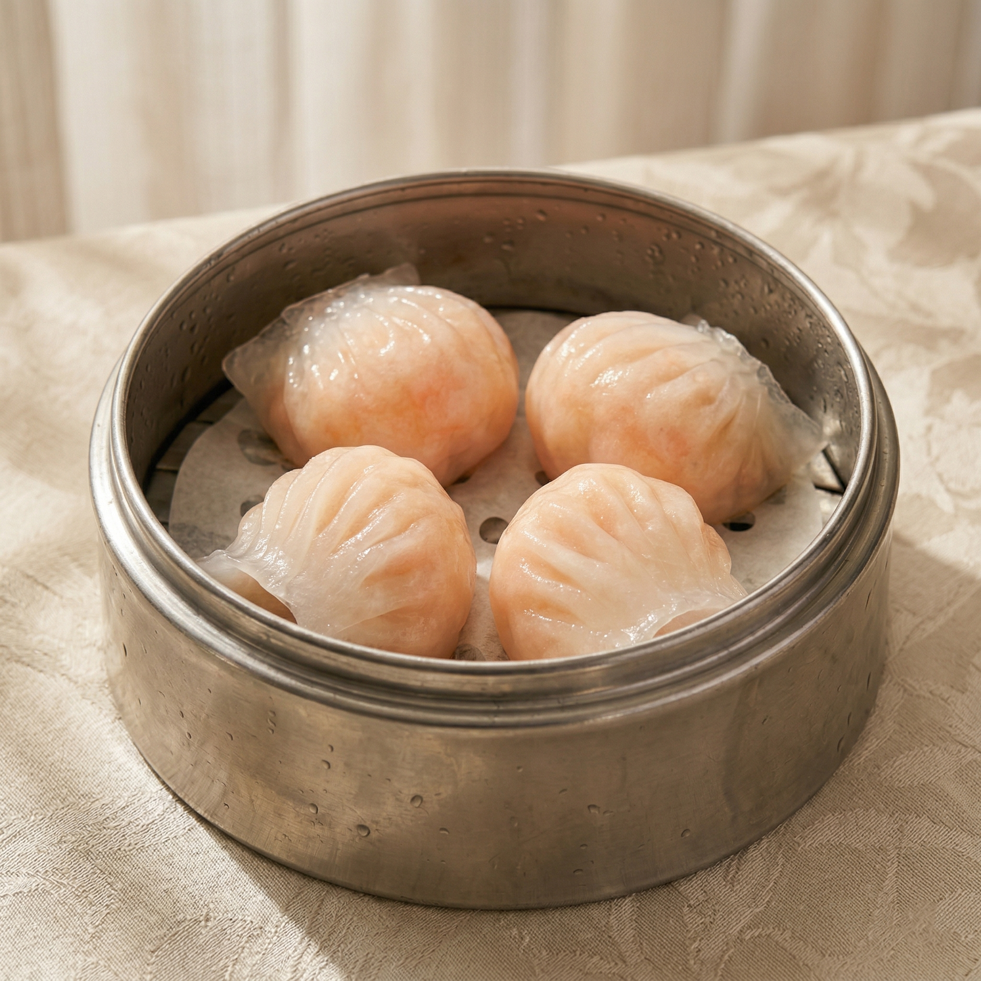 Four shrimp dumplings (har gow) with translucent pleated wrappers inside a circular metal bamboo steamer.