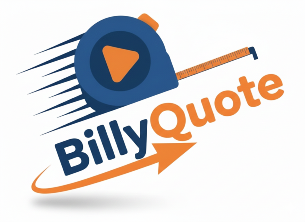 Logo with a play button inside a blue circle, “Quotes By Billy” text, AI Video Quotes for Trades.